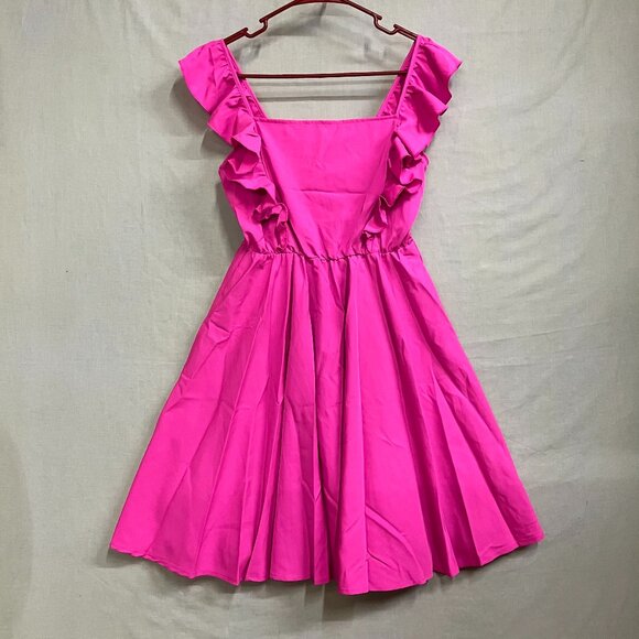 Mebius Girls 14Y Hot Pink Bow Back Square Neck Ruffle Sleeve Preppy A Line Dress - Picture 5 of 12